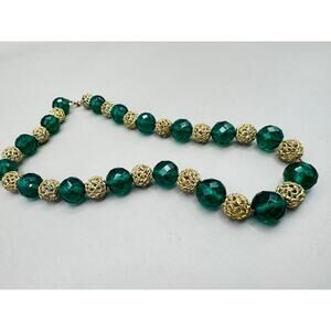 Vintage Faceted Emerald Green Glass and Filigree Gold Beads Necklace